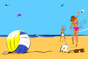 Summer couple playing beach volley ball, the man and woman are in their 20s, on the foreground is another volley ball and a bottle of sunscreen. 