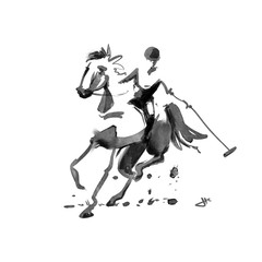 Energetic watercolor sketch of a Polo Player riding on a horse swinging his mallet, ink stains, minimalist illustration, elite sports © Hilbrand Bos
