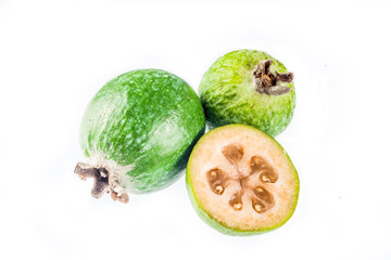 Tropical fruit, raw organic feijoa isolated on white background layout pattern copy space top view
