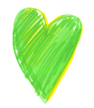 Bright neon green heart painted in highlighter felt tip pen on clean white background
