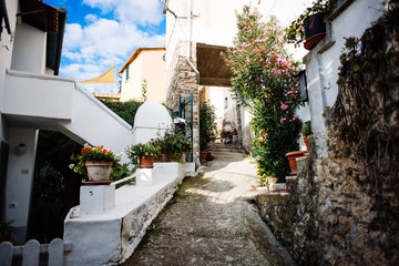 Fototapeta na wymiar ancient village of the Ligurian hinterland, narrow streets and colored walls