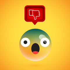 Realistic 3D emoticon with neon glowing dislike sign in a 3D speech bubble, vector illustration