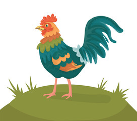 Cheerful cartoon rooster on meadow