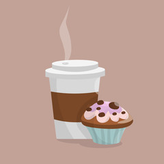 Cartoon drink coffee cup and muffin capcake