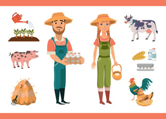 Fototapeta premium Cartoon farm clipart collection with farm workers