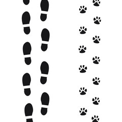 Footprints of men and dogs black on white background friendship
