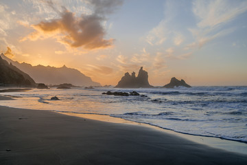 Benijo beach with sunset light, Anaga natural park, Tenerife, Canary islands, Spain