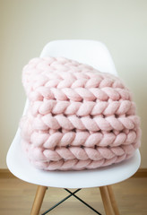Giant Pink Plaid Blanket Woolen Knitted on White Stool Chair Home Interior