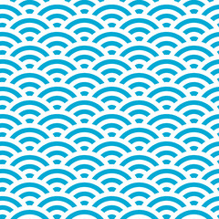 Art deco seamless pattern vector. Blue Japan scales fish, wave lines repeatable pattern on white background.