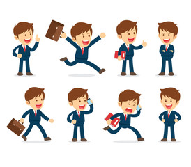 Set of businessman working character design. Flat office cartoon illustration isolated background.