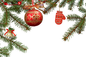 Branches of natural fir tree with Christmas toys and ornament