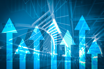 the abstract image of the skyscraper image overlay with business chart image. the concept of accounting, financial, economy and investment.