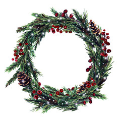 Christmas wreath with  Christmas tree, bullfinches, red winter berries. Winter wreath  painted by watercolor