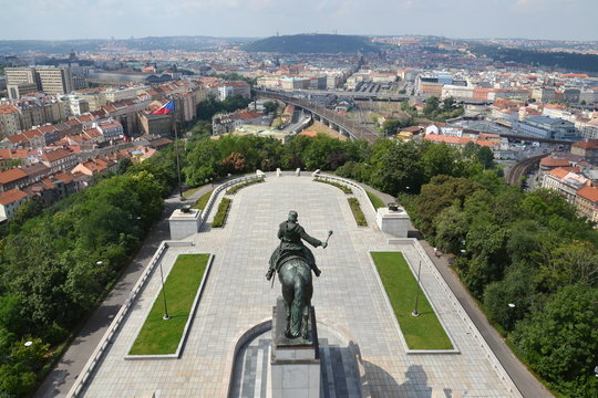 Jan Zizka equestrian statue from sculptor Bohumil Kafka (1878-1942) in front of National memorial Vitkov, Prague, Czech Republic, sunny day
