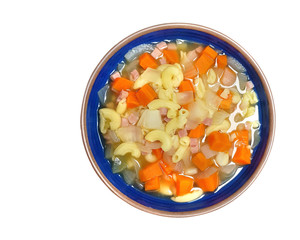 Macaroni & tiny ham soup with carrot & onion isolated on white background with clipping path