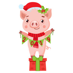 Cute Cartoon Happy Pig In Santa Hat On White Background. Cute Funny New Year Cartoon Character. Little Pig Holding Garland With Text. Chinese New Year, Holiday Symbol Vector Illustration.