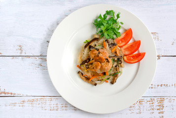 Fried Vermicelli with mushroom and dried shrimps on white plate