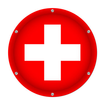 round metallic flag of Switzerland with screws