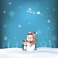 Snowman, Deer and penguin in winter season paper art illustration
