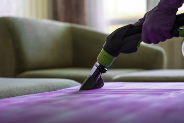 Closeup of upholstered Sofa chemical cleaning