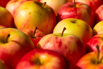 Many red and yellow apples, colorful background