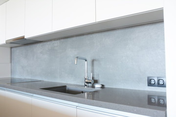 Fototapeta na wymiar Modern kitchen with metal faucet, ceramic kitchen sink, kitchen stove, kitchen hood