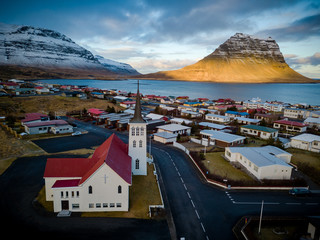 Panoramic Aerial view of kirkjufell and Grundarfjörður