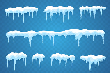 Snow icicles set isolated on transparent background. Snowcap borders. Vector snowy elements. Hanging icicles in flat style. Decoration for winter design. - obrazy, fototapety, plakaty