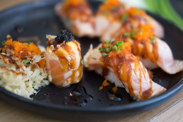 Sushi roll with salmon, selective focus.