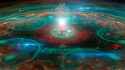 Abstract colorful 3D fractal illustration with bitcoin cryptocurrency symbol