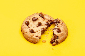 Cookies in macro photography. Chocolate drops in detail on cookie. Biscuit seen close up in detail.