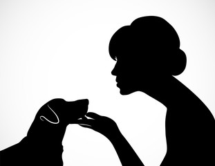 Silhouette of a young woman holding cute dog's Jack Russell Terrier muzzle on her palm. Friendship of a person and a pet. Conceptual vector illustration.