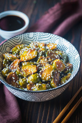 Bowl of roasted teriyaki brussels