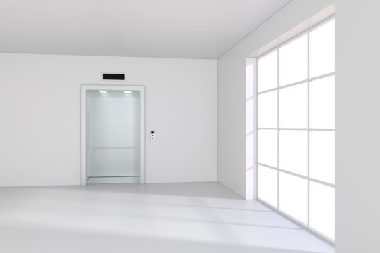 Large window with light on floor near of empty elevator cabin. 3d rendering.