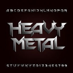 Heavy metal alphabet font. Chrome beveled letters and numbers. Stock vector typescript for your design. - obrazy, fototapety, plakaty