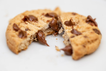 Cookies in macro photography. Chocolate drops in detail on cookie. Biscuit seen close up in detail.