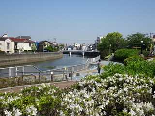 川沿いを散歩する帽子をかぶった女性