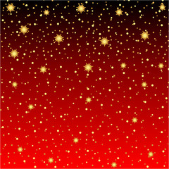 Gold glitter texture with dots and stars on a red background.