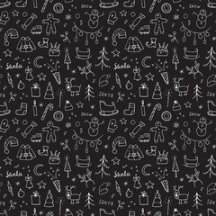 New Year and Christmas seamless pattern, hand drawn doodles Seamless Pattern. Background Vector Illustration