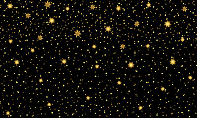 Gold glitter texture with dots and stars on a black background.