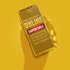 Mobile and online shopping deals and discount concept. Yellow duotone hand holding a luxury golden smartphone showing a typographic design landing page showing a call to action text.