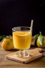 Glass of Tasty Citrus Juice Refreshing Tangerin Orange Juice Wooden Background Healthy Detox Drink