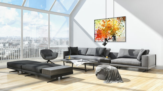 Modern bright interiors with mock up poster frame illustration 3D rendering computer generated image