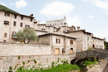 Fototapeta na wymiar Ducal palace at the top and typical houses