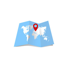 Vector folded world map with marker. World map with location ico