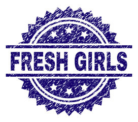 FRESH GIRLS stamp seal watermark with distress style. Blue vector rubber print of FRESH GIRLS tag with scratched texture.