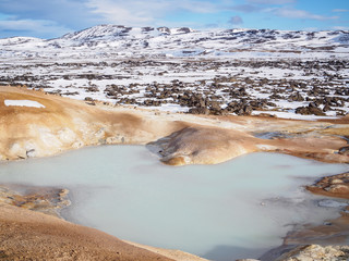 Pond of sulfur springs at Leirhnjúkur, near the Krafla Vulcano, Iceland