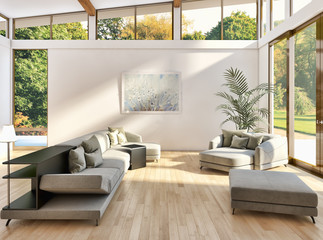 Modern bright interiors with mock up poster frame illustration 3D rendering computer generated image