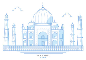 Disegno del Taj Mahal, stilizzato, blu, mausoleo nella città di Agra, India. Architettura musulmana
