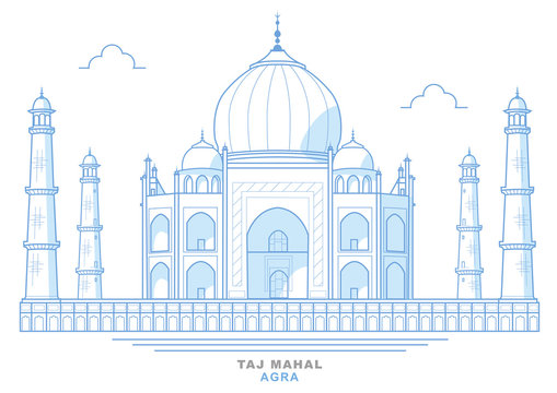 Disegno del Taj Mahal, stilizzato, blu, mausoleo nella citt&agrave; di Agra, India. Architettura musulmana